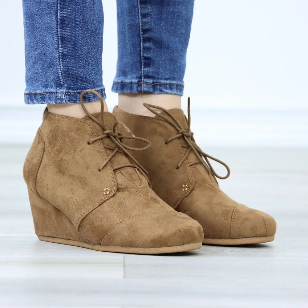 Tan Faux Suede Round Toe Wedge Heel Lace Up Ankle Boots - Picture 4 of 12